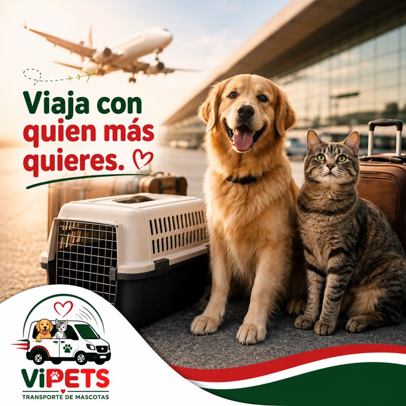Perro y gato con maletas en el aeropuerto — viaja con quien más quieres