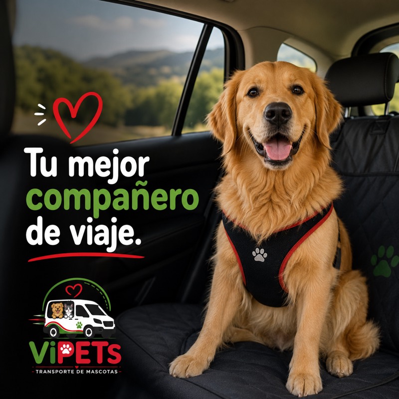 Perro con arnés de seguridad viajando en carro con ViPETs