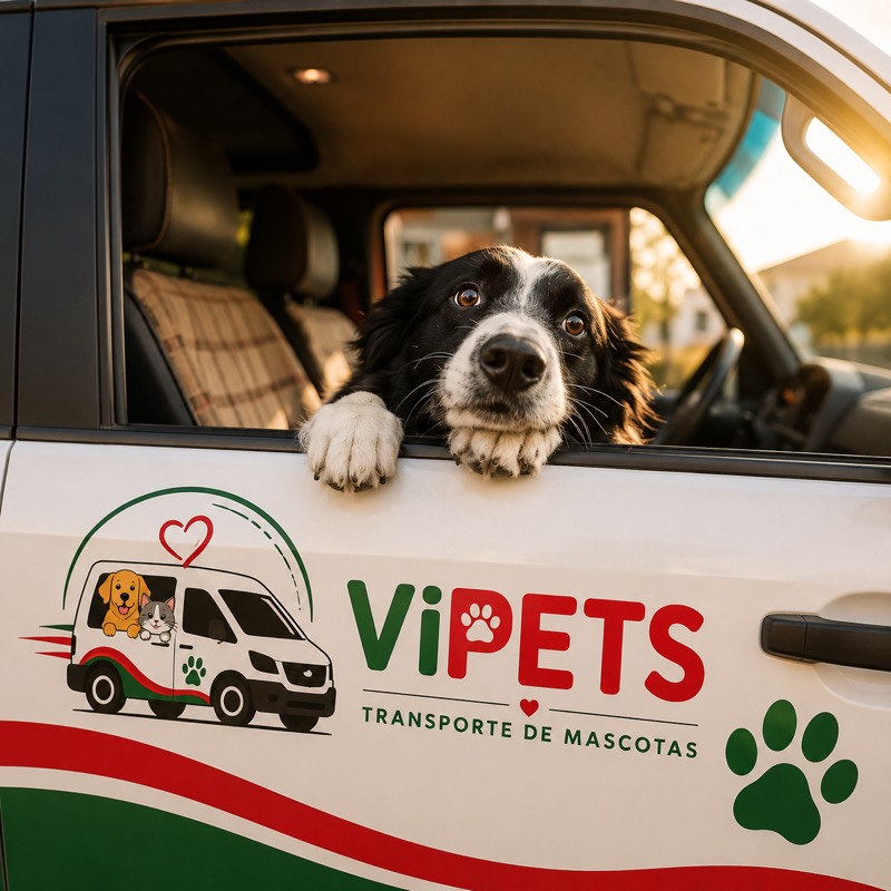 Perro asomándose desde la van rotulada de ViPETs
